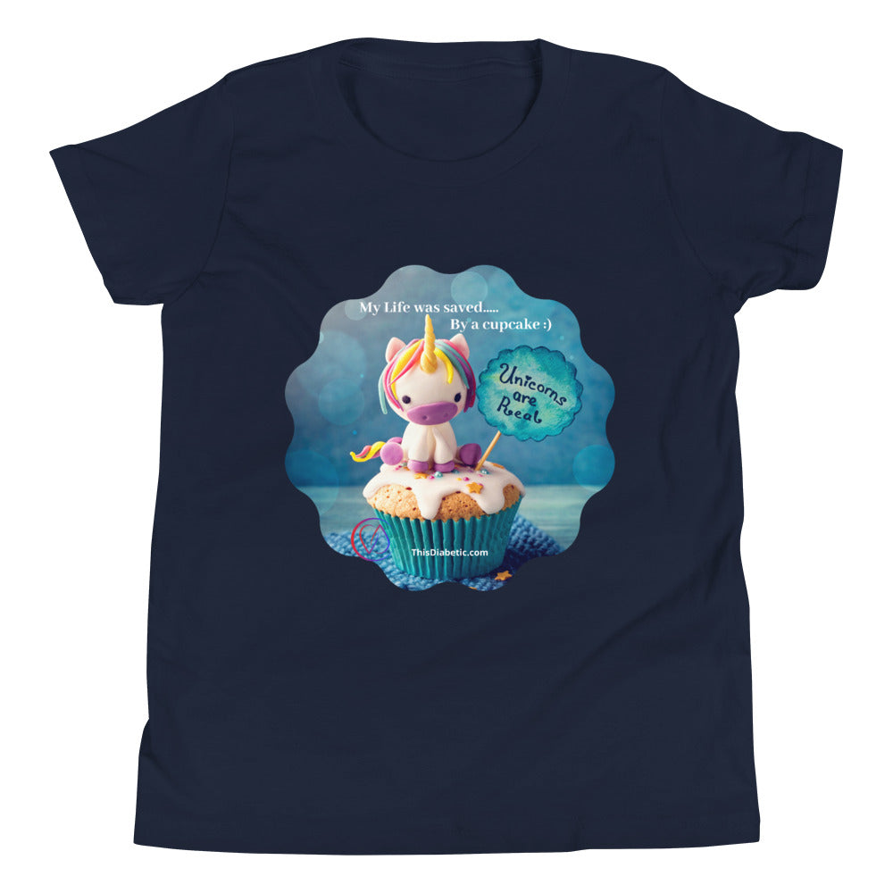 My life was saved by a cupcake! Youth S/M/L/XL (6-18 yrs) Short Sleeve T-Shirt - ThisDiabetic.com